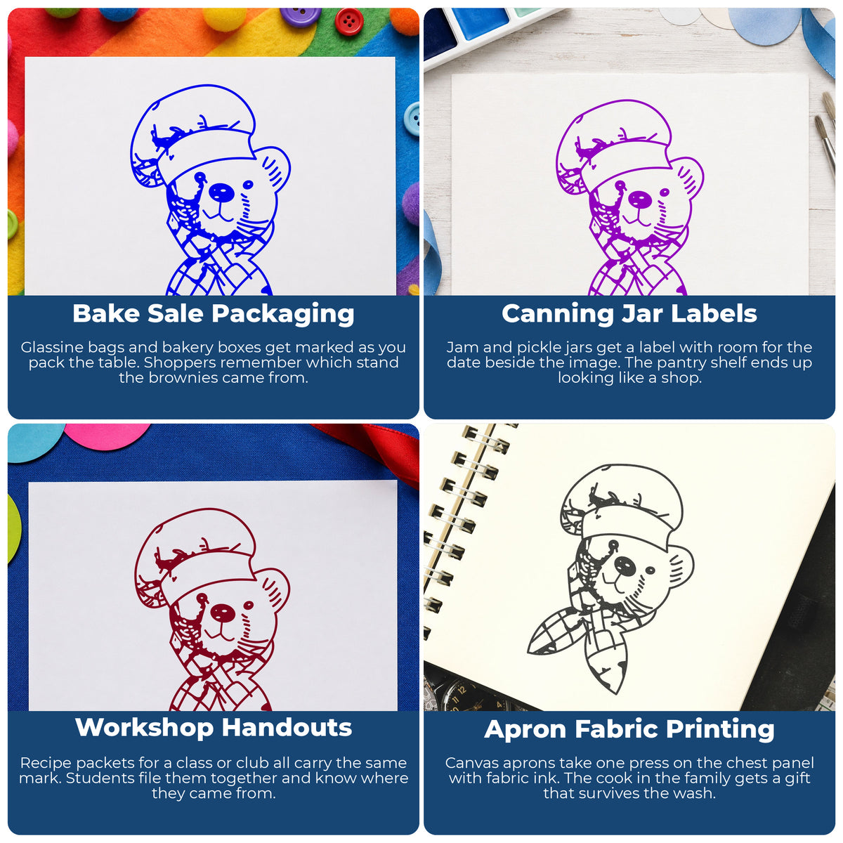 Chef Bear Portrait Rubber Stamp project ideas: Bake Sale Packaging, Canning Jar Labels, Workshop Handouts and Apron Fabric Printing.