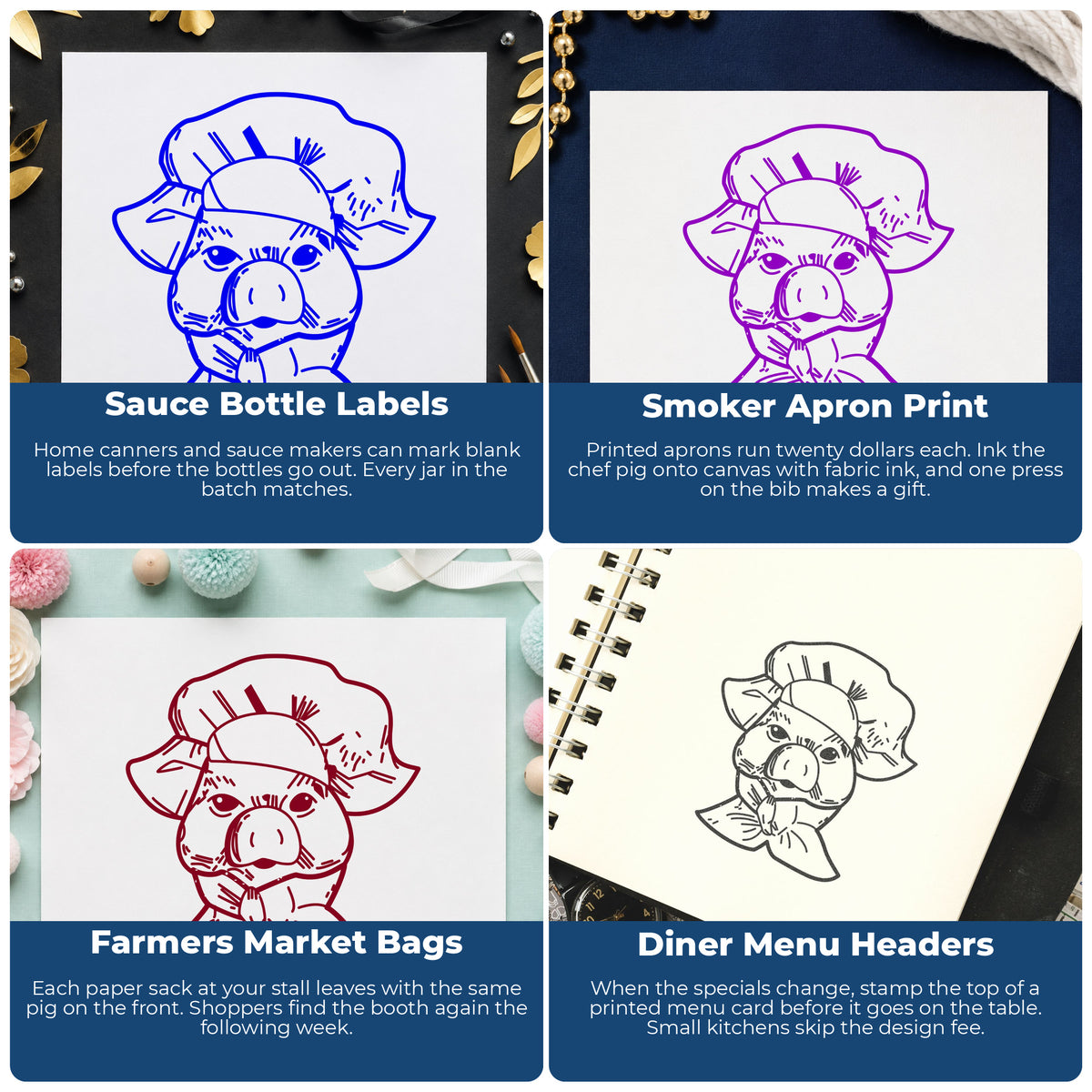 Chef Pig Portrait Rubber Stamp project ideas: Sauce Bottle Labels, Smoker Apron Print, Farmers Market Bags and Diner Menu Headers.