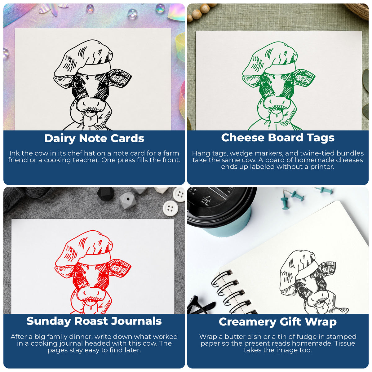 Chef Cow Portrait Rubber Stamp project ideas: Dairy Note Cards, Cheese Board Tags, Sunday Roast Journals and Creamery Gift Wrap.