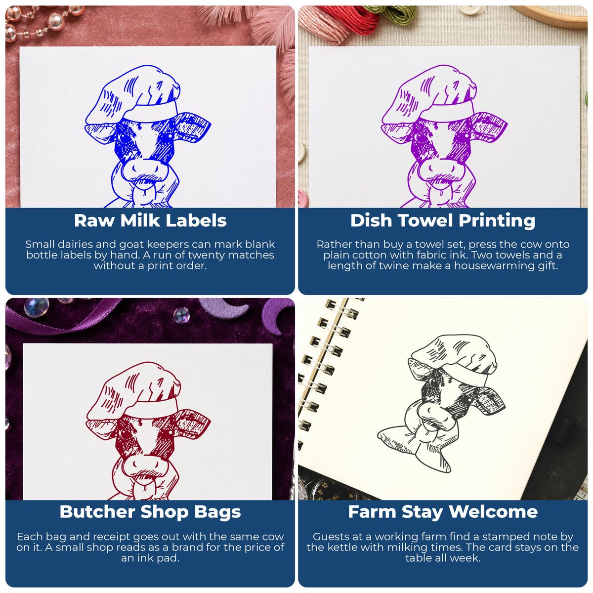 Chef Cow Portrait Rubber Stamp project ideas: Raw Milk Labels, Dish Towel Printing, Butcher Shop Bags and Farm Stay Welcome.