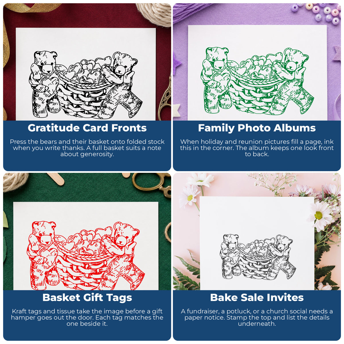 Two Bears with Basket of Hearts Rubber Stamp project ideas: Gratitude Card Fronts, Family Photo Albums, Basket Gift Tags and Bake Sale Invites.