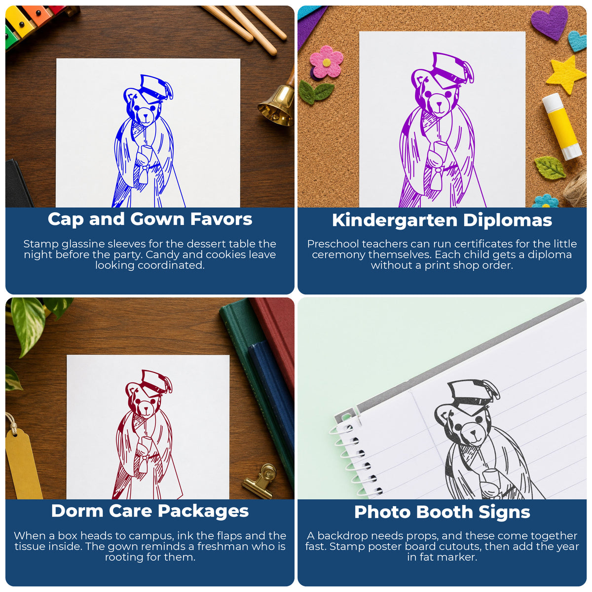 Graduation Bear Rubber Stamp project ideas: Cap and Gown Favors, Kindergarten Diplomas, Dorm Care Packages and Photo Booth Signs.