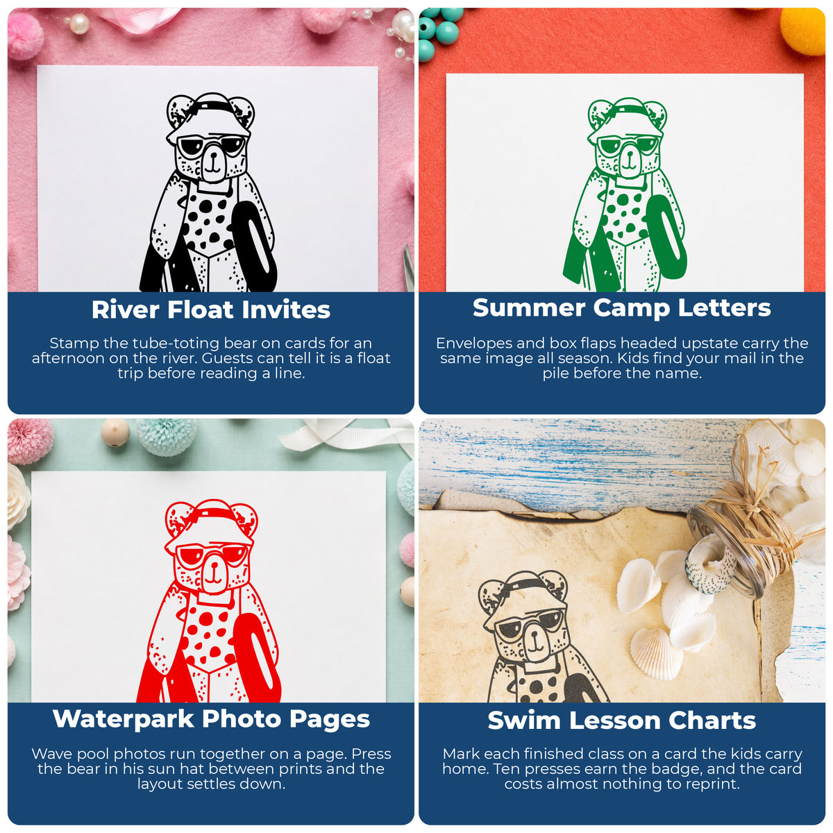 Bear with Inner Tube Rubber Stamp project ideas: River Float Invites, Summer Camp Letters, Waterpark Photo Pages and Swim Lesson Charts.