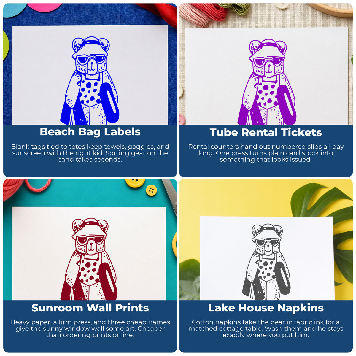 Bear with Inner Tube Rubber Stamp project ideas: Beach Bag Labels, Tube Rental Tickets, Sunroom Wall Prints and Lake House Napkins.