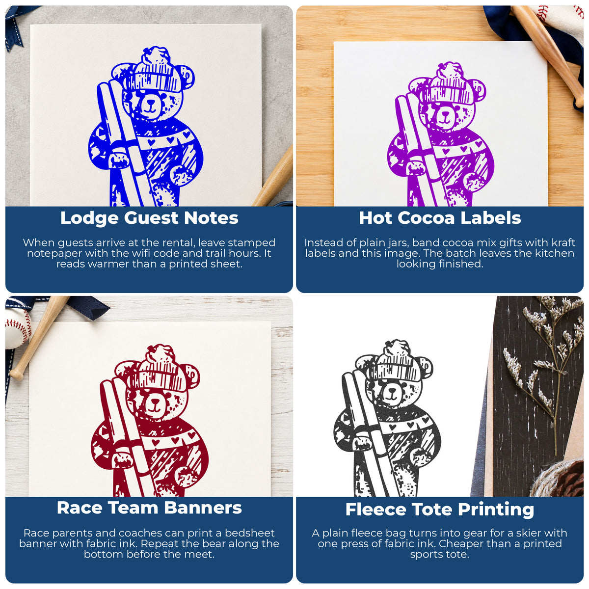 Ski Bear Holding Skis Rubber Stamp project ideas: Lodge Guest Notes, Hot Cocoa Labels, Race Team Banners and Fleece Tote Printing.