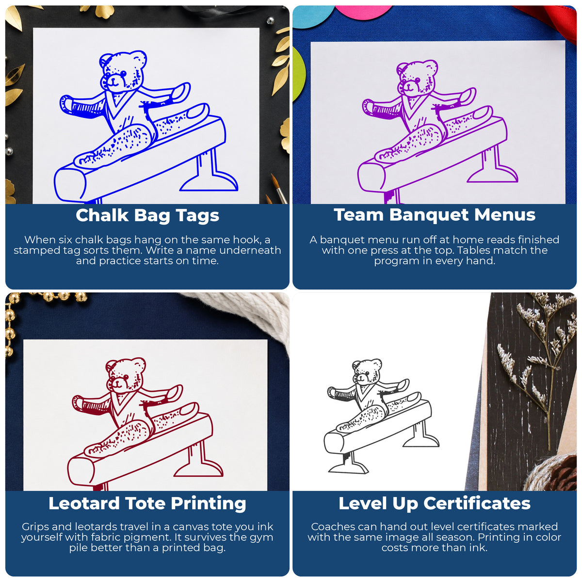 Gymnast Bear on Exercise Bar Rubber Stamp project ideas: Chalk Bag Tags, Team Banquet Menus, Leotard Tote Printing and Level Up Certificates.