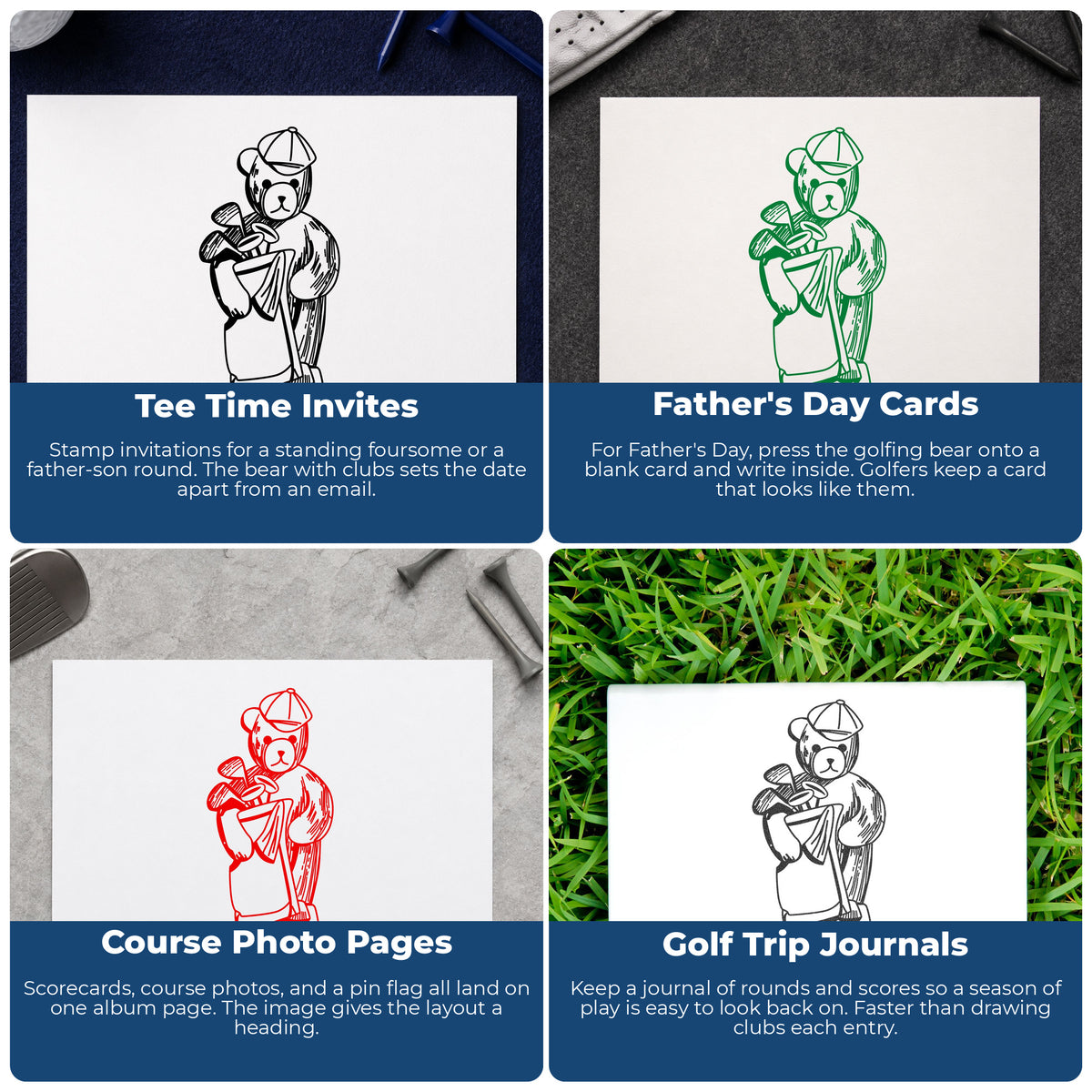 Golf Bear with Clubs Rubber Stamp project ideas: Tee Time Invites, Father's Day Cards, Course Photo Pages and Golf Trip Journals.