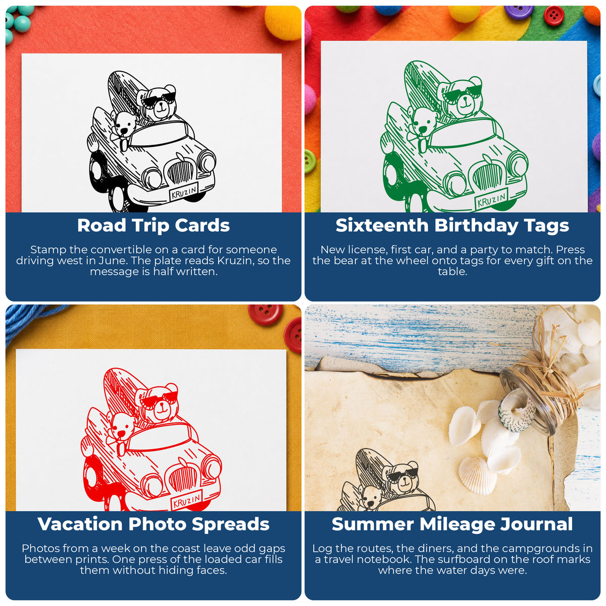 Surfboard Bear in Convertible Rubber Stamp project ideas: Road Trip Cards, Sixteenth Birthday Tags, Vacation Photo Spreads and Summer Mileage Journal.