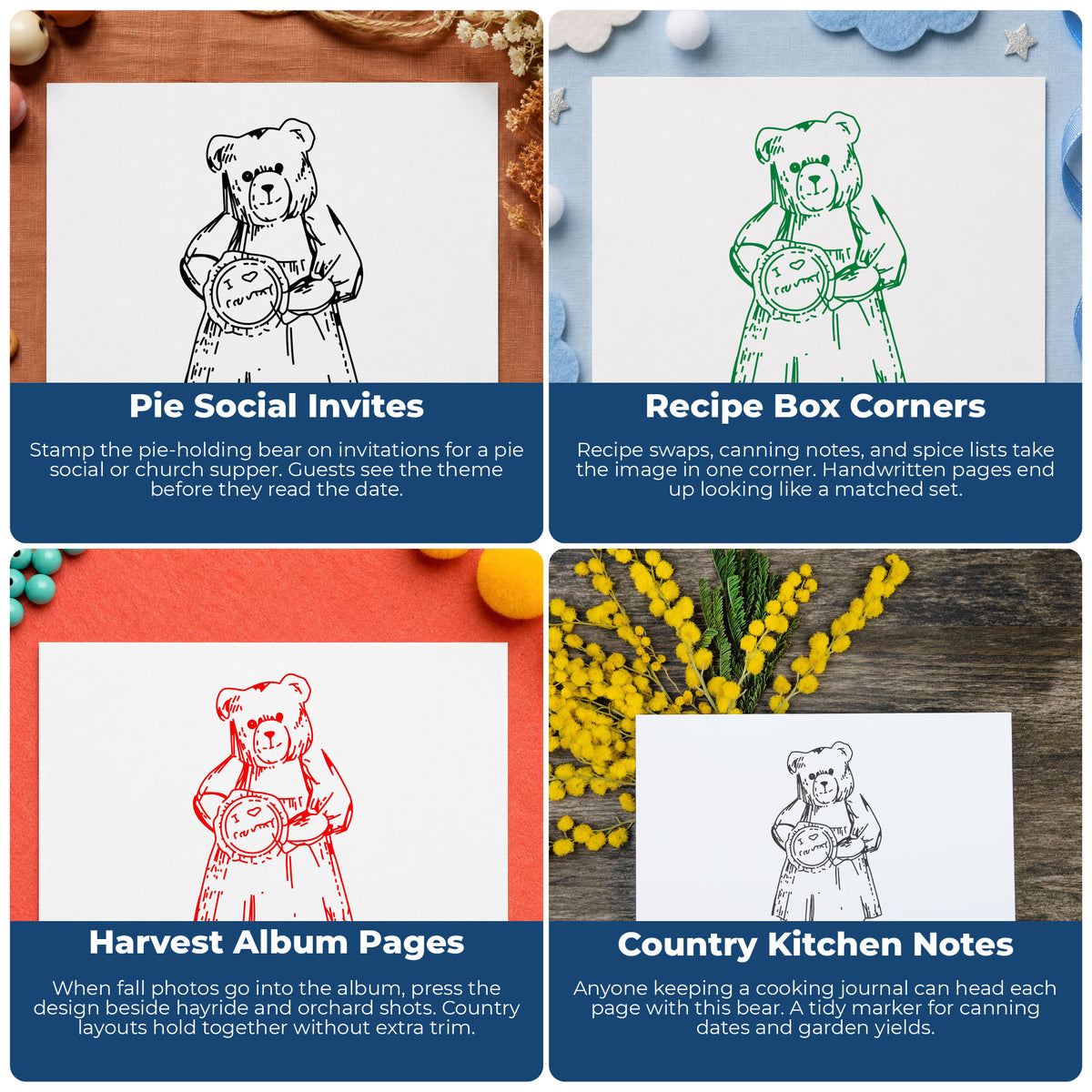 I Love Country Bear with Pie Rubber Stamp project ideas: Pie Social Invites, Recipe Box Corners, Harvest Album Pages and Country Kitchen Notes.