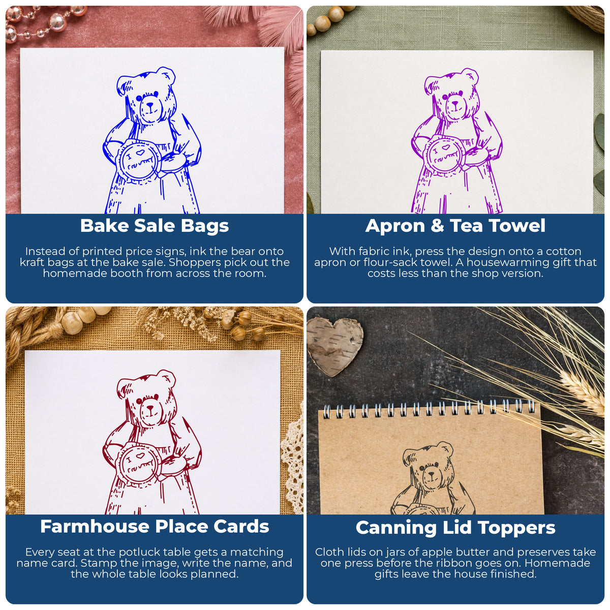 I Love Country Bear with Pie Rubber Stamp project ideas: Bake Sale Bags, Apron & Tea Towel, Farmhouse Place Cards and Canning Lid Toppers.
