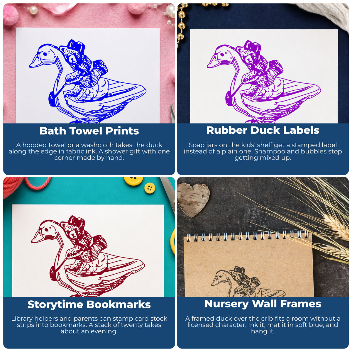 Teddy Bear Riding Duck Rubber Stamp project ideas: Bath Towel Prints, Rubber Duck Labels, Storytime Bookmarks and Nursery Wall Frames.