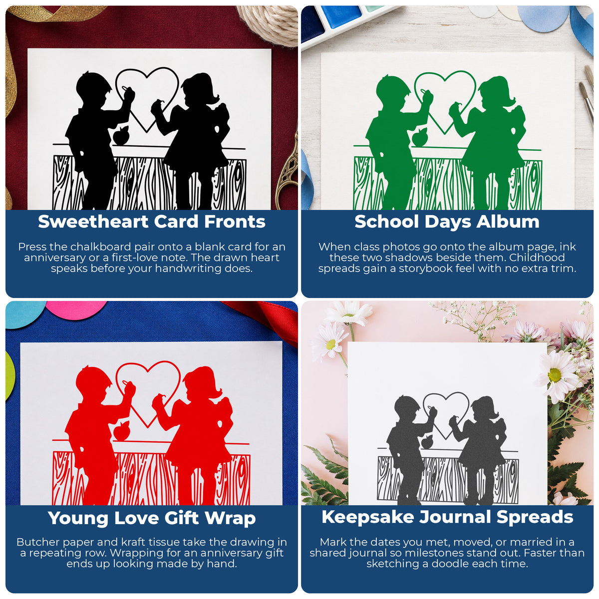 Boy and Girl Drawing a Heart Rubber Stamp project ideas: Sweetheart Card Fronts, School Days Album, Young Love Gift Wrap and Keepsake Journal Spreads.