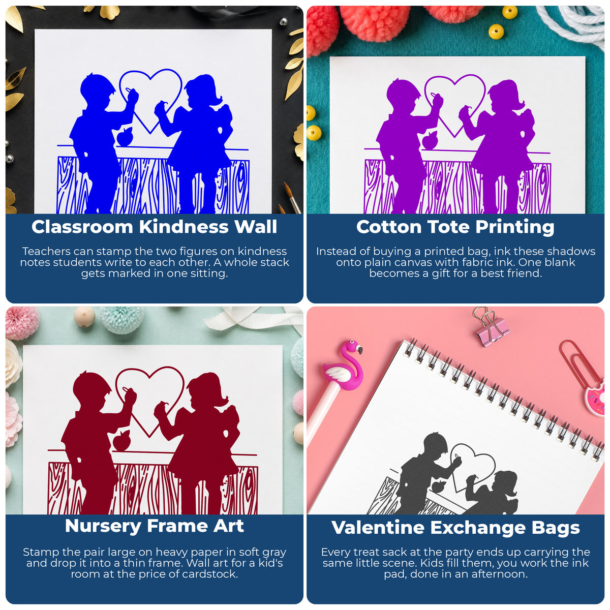 Boy and Girl Drawing a Heart Rubber Stamp project ideas: Classroom Kindness Wall, Cotton Tote Printing, Nursery Frame Art and Valentine Exchange Bags.