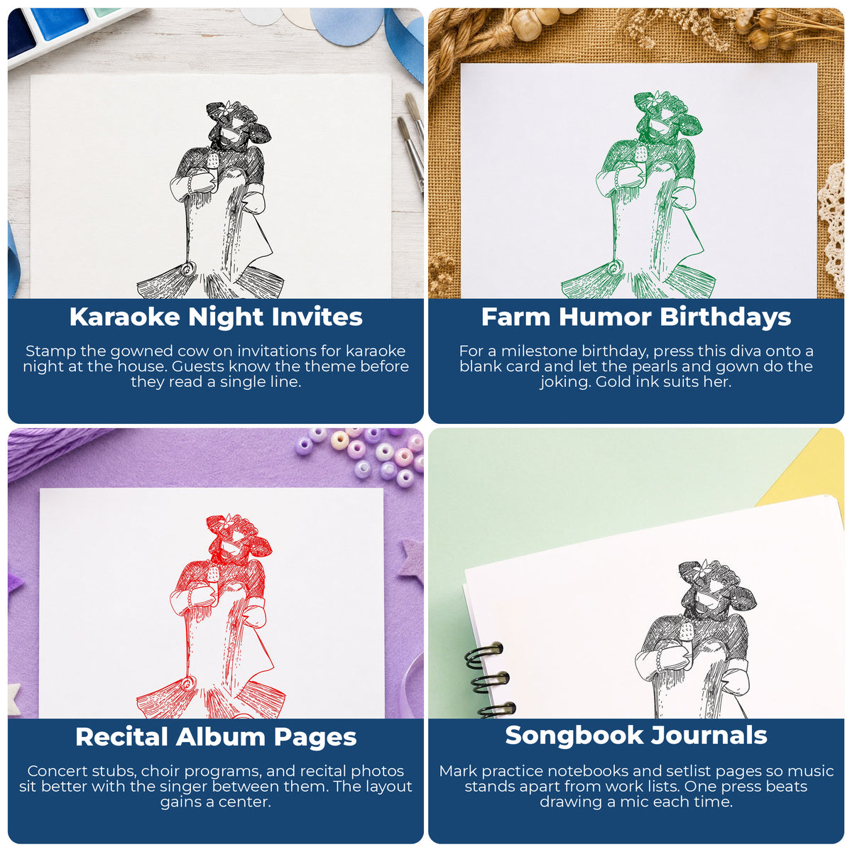 Singing Cow with Microphone Rubber Stamp project ideas: Karaoke Night Invites, Farm Humor Birthdays, Recital Album Pages and Songbook Journals.