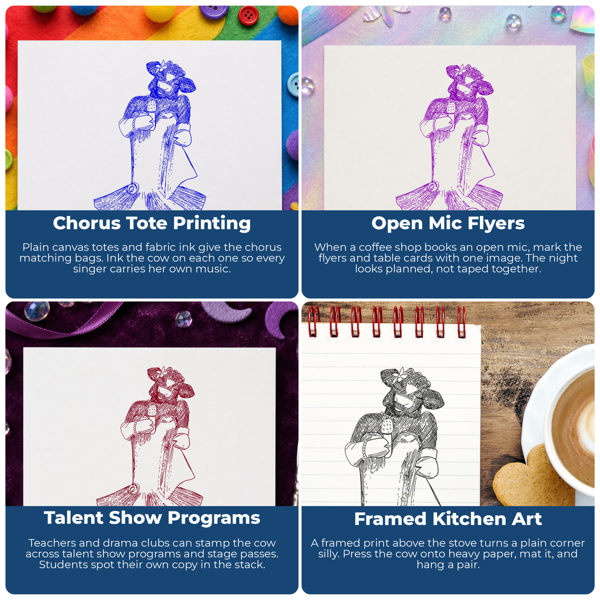 Singing Cow with Microphone Rubber Stamp project ideas: Chorus Tote Printing, Open Mic Flyers, Talent Show Programs and Framed Kitchen Art.
