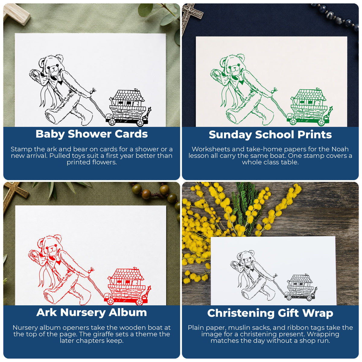 Bear Pulling Toy Ark Rubber Stamp project ideas: Baby Shower Cards, Sunday School Prints, Ark Nursery Album and Christening Gift Wrap.