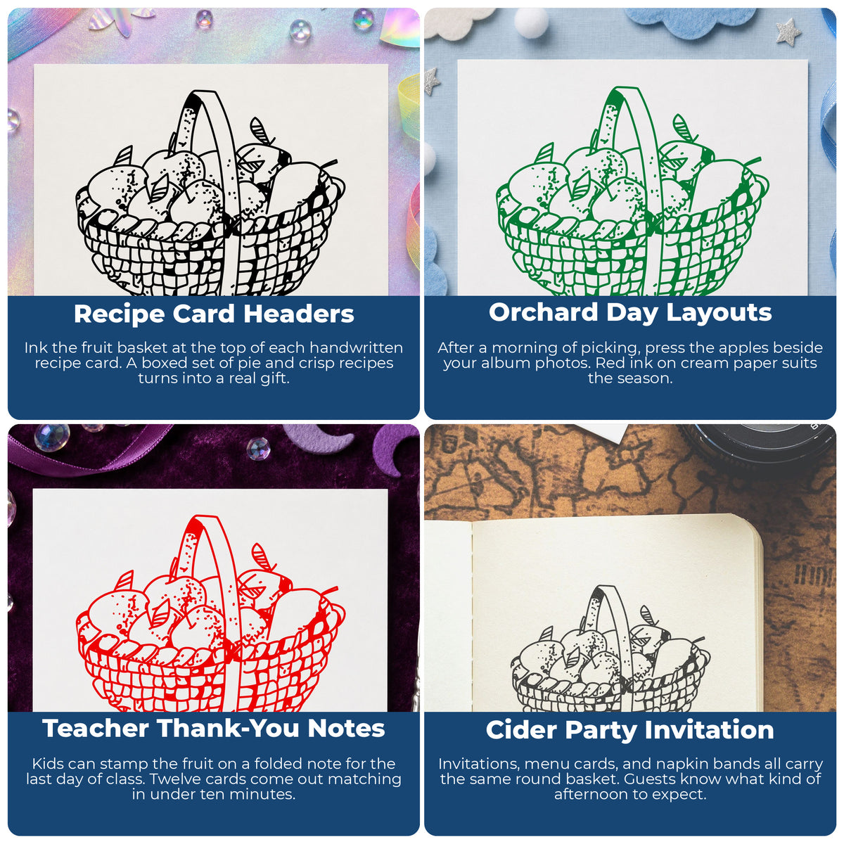 Round Apple Basket Rubber Stamp project ideas: Recipe Card Headers, Orchard Day Layouts, Teacher Thank-You Notes and Cider Party Invitation.