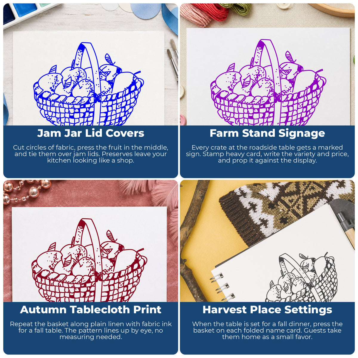 Round Apple Basket Rubber Stamp project ideas: Jam Jar Lid Covers, Farm Stand Signage, Autumn Tablecloth Print and Harvest Place Settings.