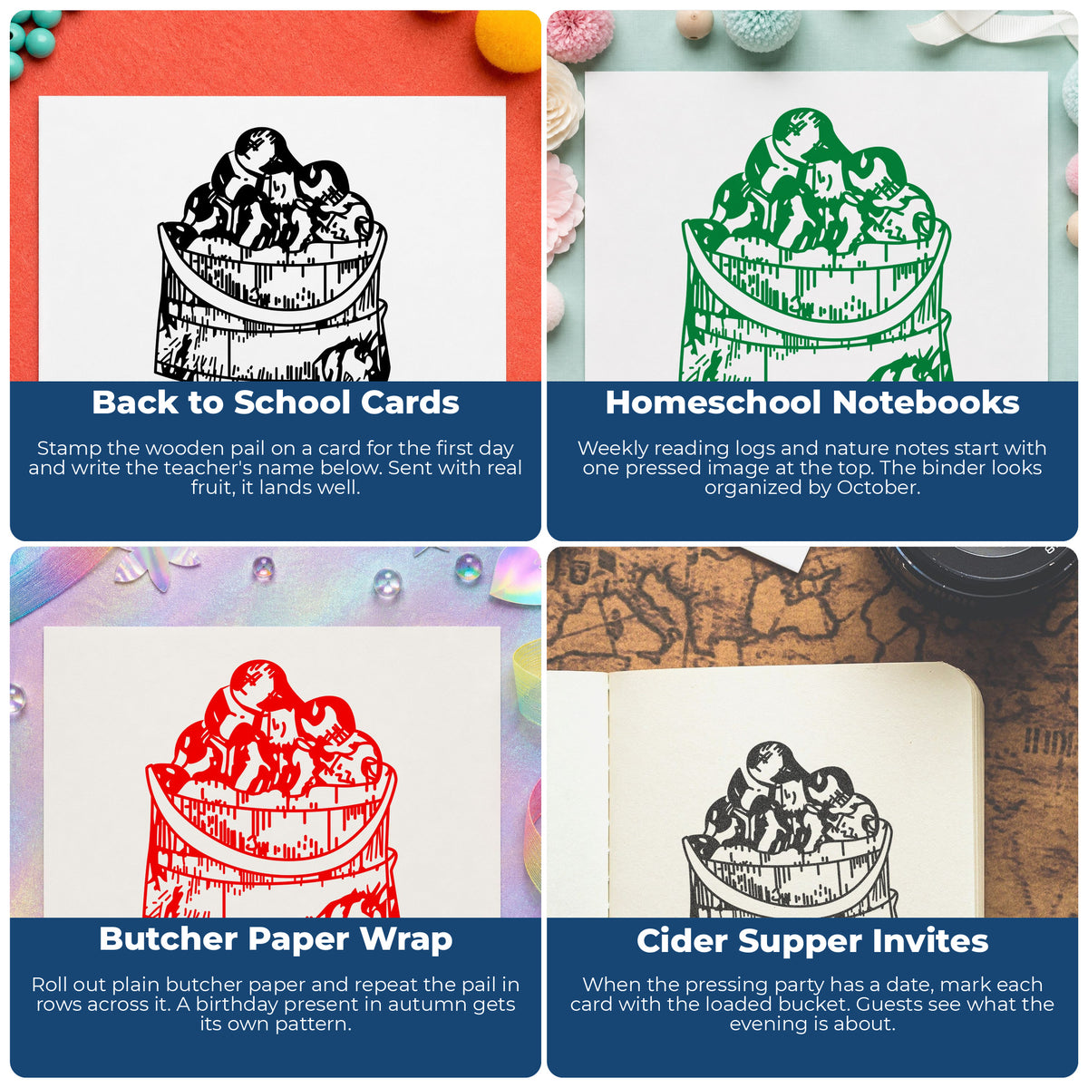 Wooden Bucket of Apples Rubber Stamp project ideas: Back to School Cards, Homeschool Notebooks, Butcher Paper Wrap and Cider Supper Invites.