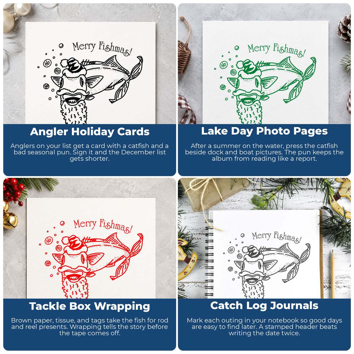 Merry Fishmas Catfish Rubber Stamp project ideas: Angler Holiday Cards, Lake Day Photo Pages, Tackle Box Wrapping and Catch Log Journals.