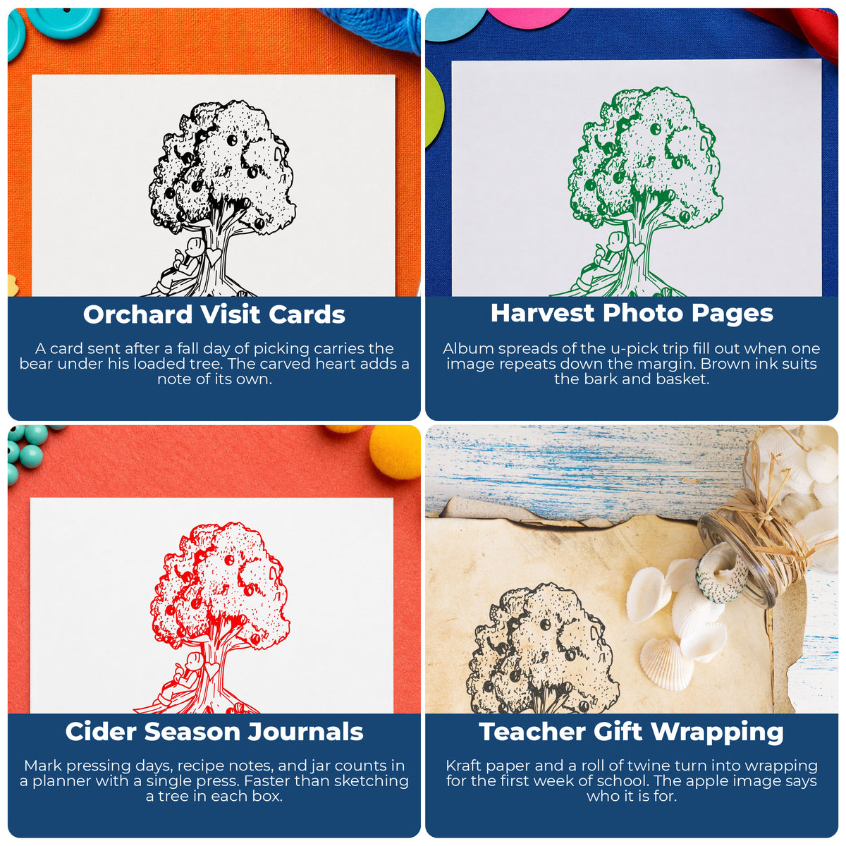Bear under Apple Tree Rubber Stamp project ideas: Orchard Visit Cards, Harvest Photo Pages, Cider Season Journals and Teacher Gift Wrapping.