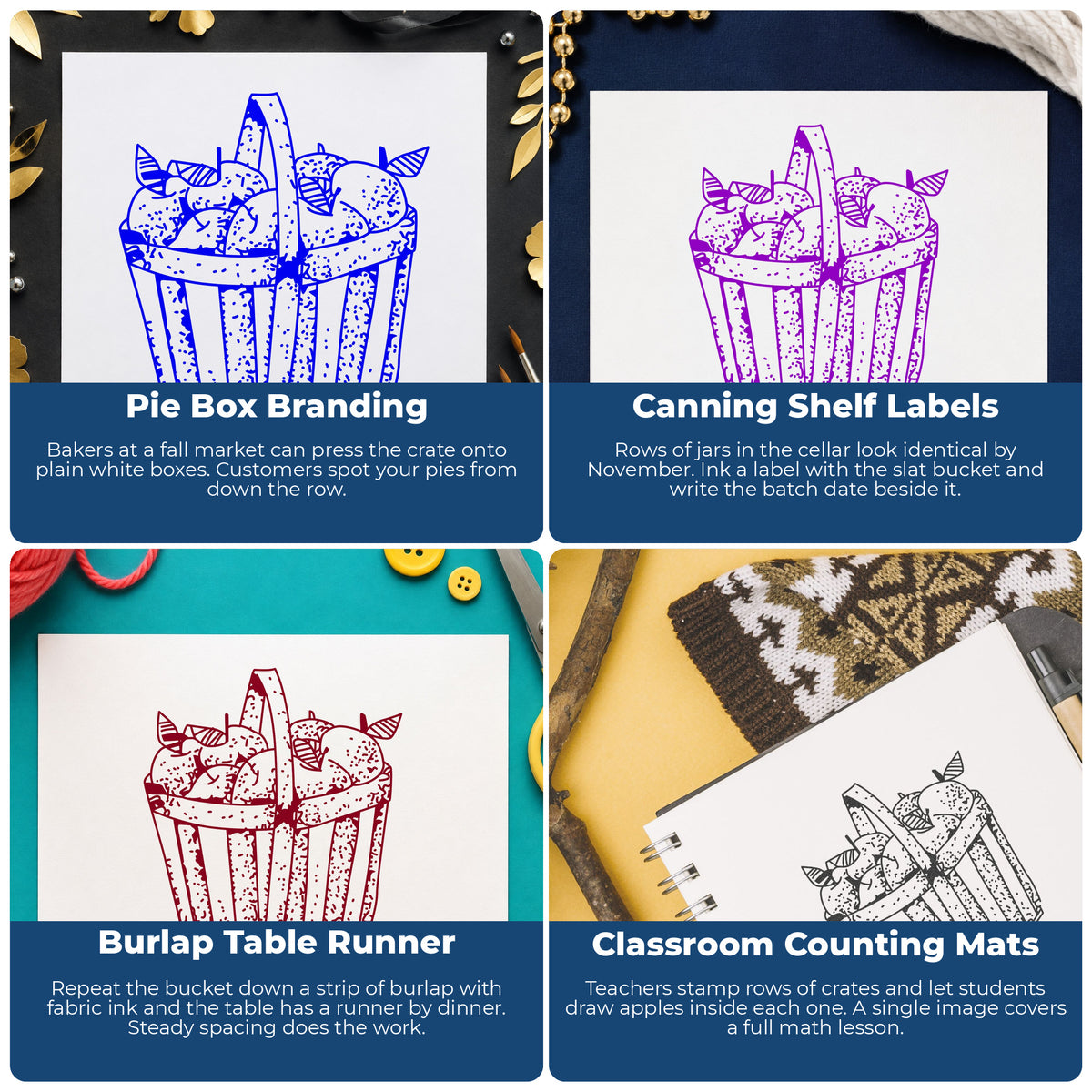 Slatted Apple Basket Rubber Stamp project ideas: Pie Box Branding, Canning Shelf Labels, Burlap Table Runner and Classroom Counting Mats.