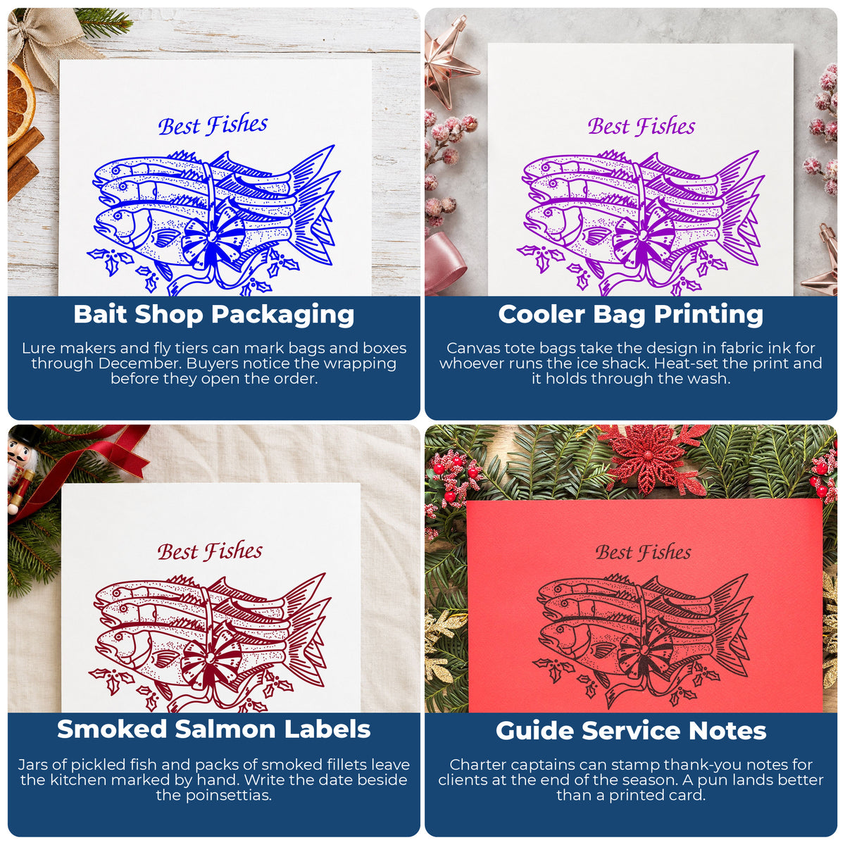 Best Fishes with Poinsettias Rubber Stamp project ideas: Bait Shop Packaging, Cooler Bag Printing, Smoked Salmon Labels and Guide Service Notes.