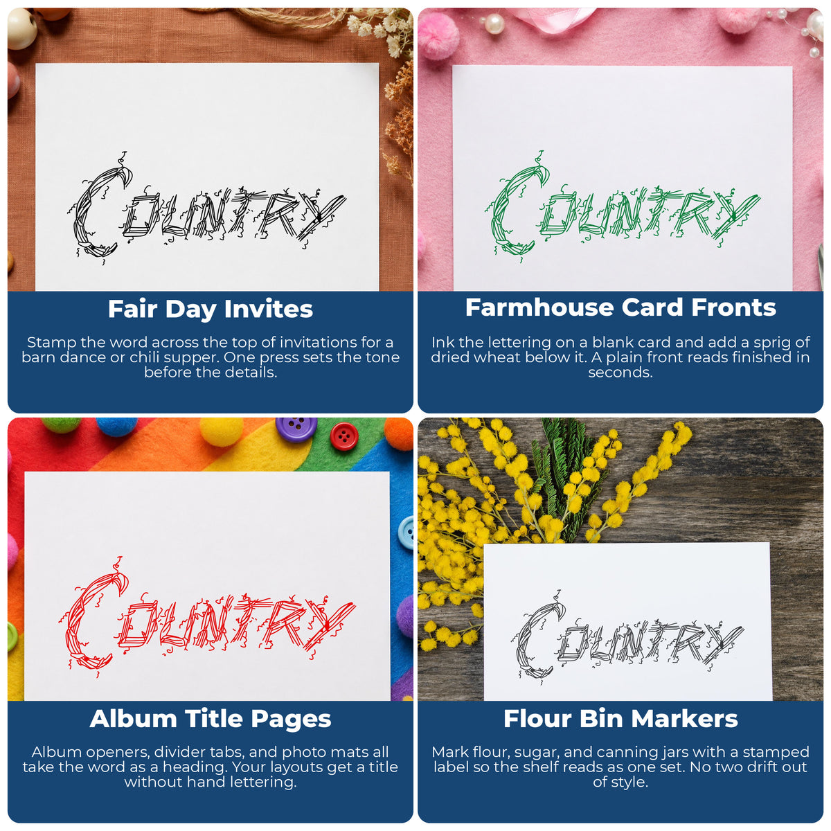 Country Lettering Rubber Stamp project ideas: Fair Day Invites, Farmhouse Card Fronts, Album Title Pages and Flour Bin Markers.
