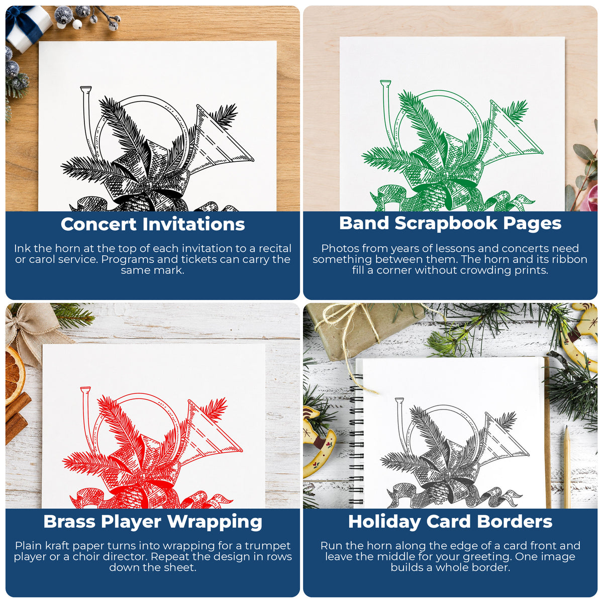 French Horn with Bow Rubber Stamp project ideas: Concert Invitations, Band Scrapbook Pages, Brass Player Wrapping and Holiday Card Borders.