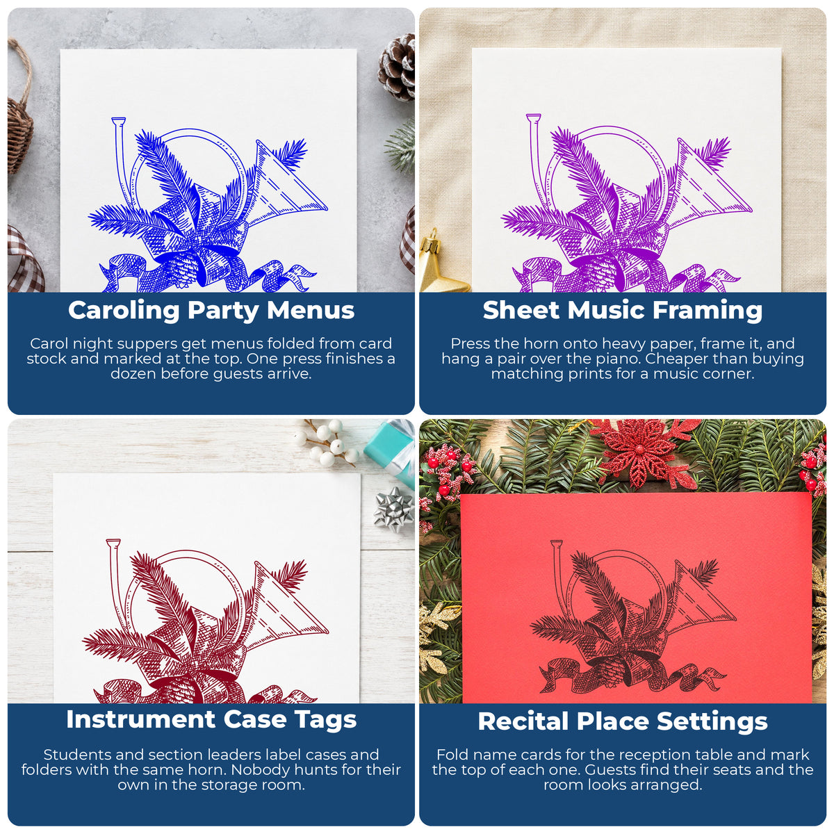 French Horn with Bow Rubber Stamp project ideas: Caroling Party Menus, Sheet Music Framing, Instrument Case Tags and Recital Place Settings.