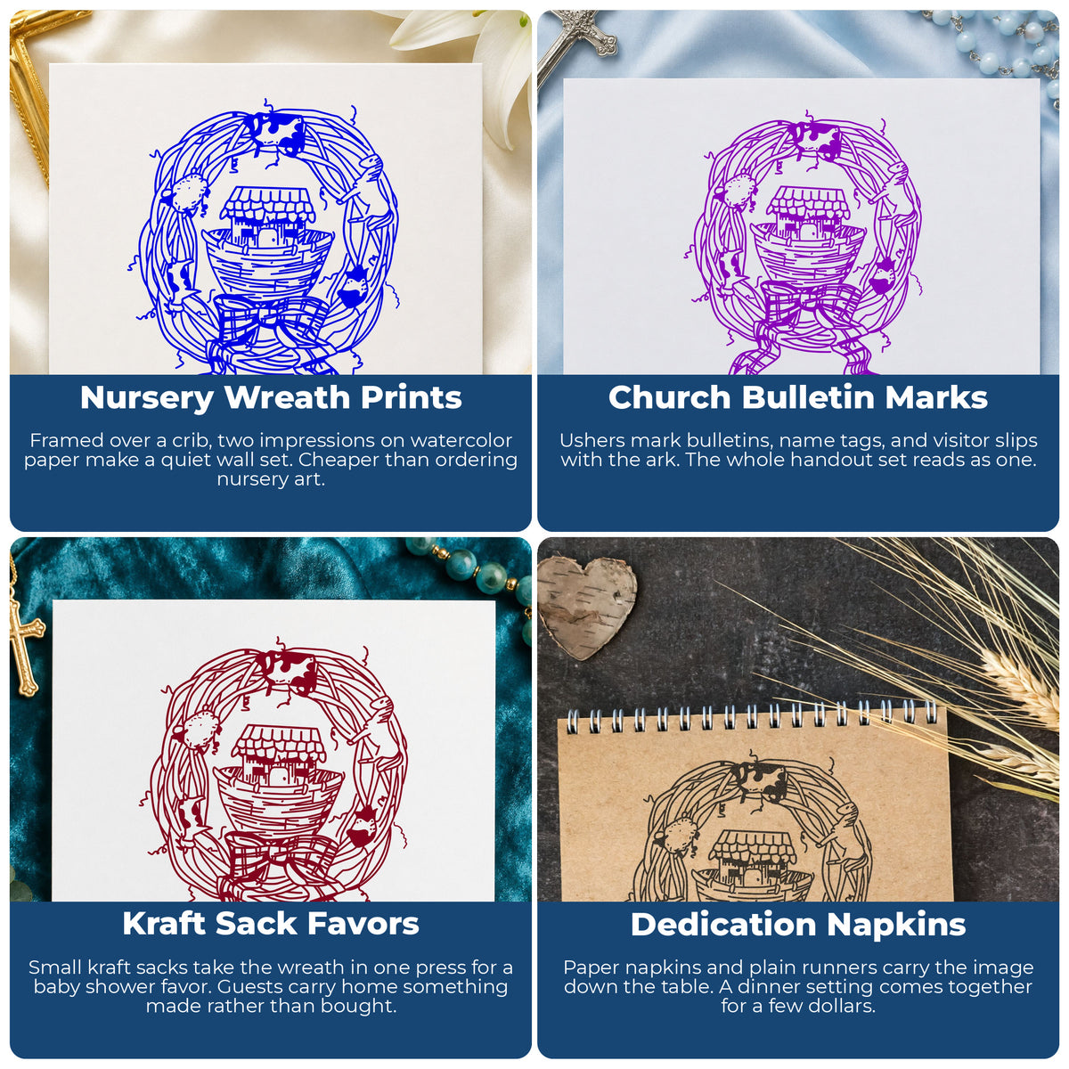 Ark in Wreath Rubber Stamp project ideas: Nursery Wreath Prints, Church Bulletin Marks, Kraft Sack Favors and Dedication Napkins.