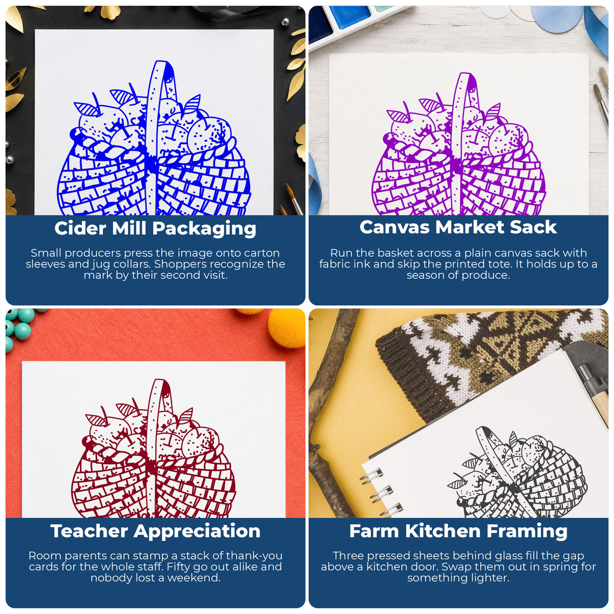 Basket Brimming with Apples Rubber Stamp project ideas: Cider Mill Packaging, Canvas Market Sack, Teacher Appreciation and Farm Kitchen Framing.