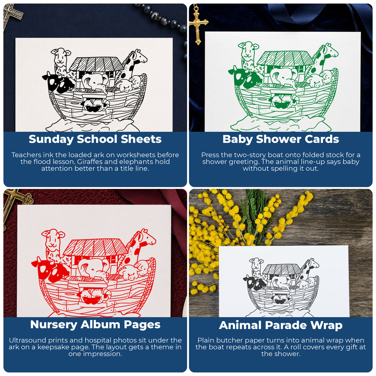 Noah's Ark and Animals Rubber Stamp project ideas: Sunday School Sheets, Baby Shower Cards, Nursery Album Pages and Animal Parade Wrap.