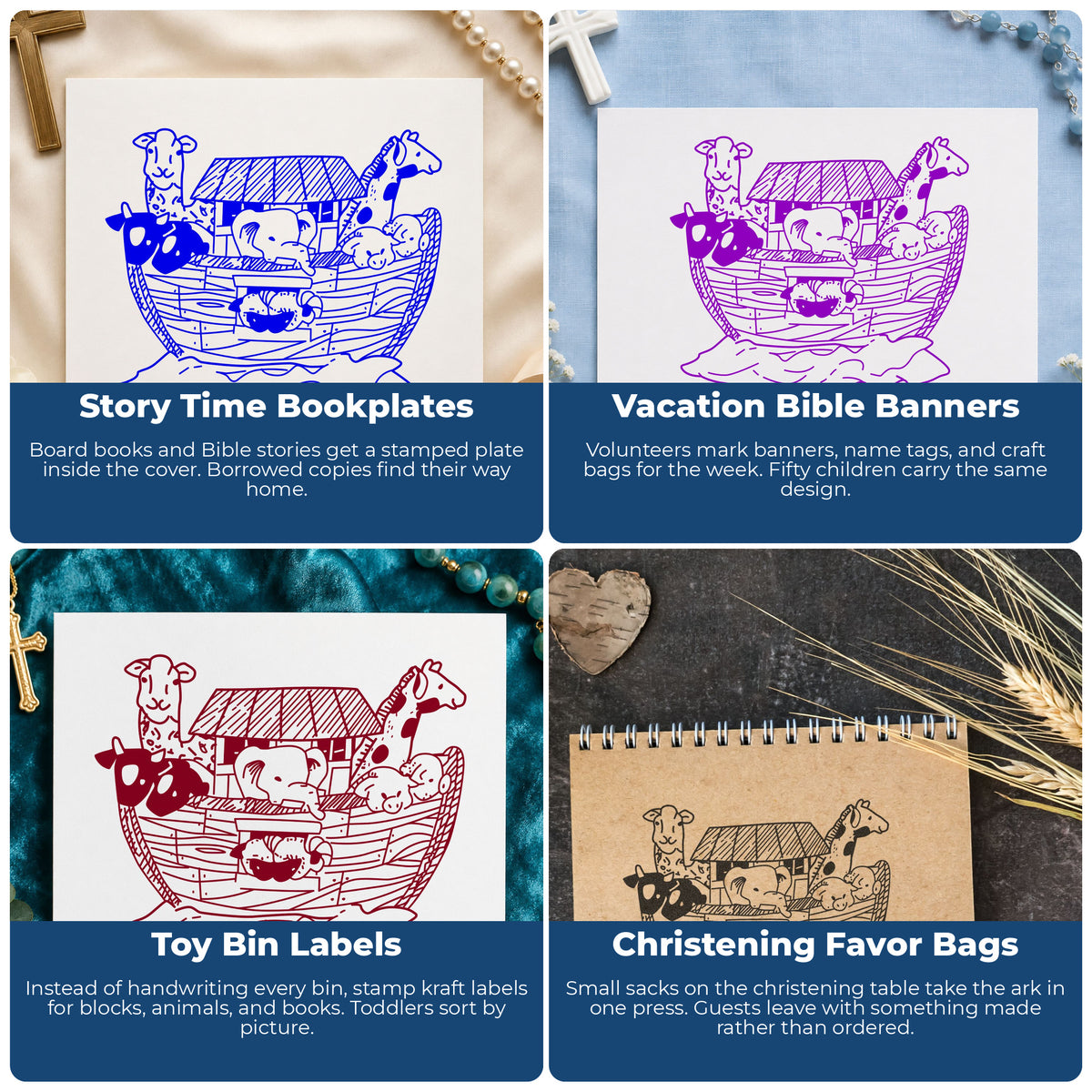 Noah's Ark and Animals Rubber Stamp project ideas: Story Time Bookplates, Vacation Bible Banners, Toy Bin Labels and Christening Favor Bags.