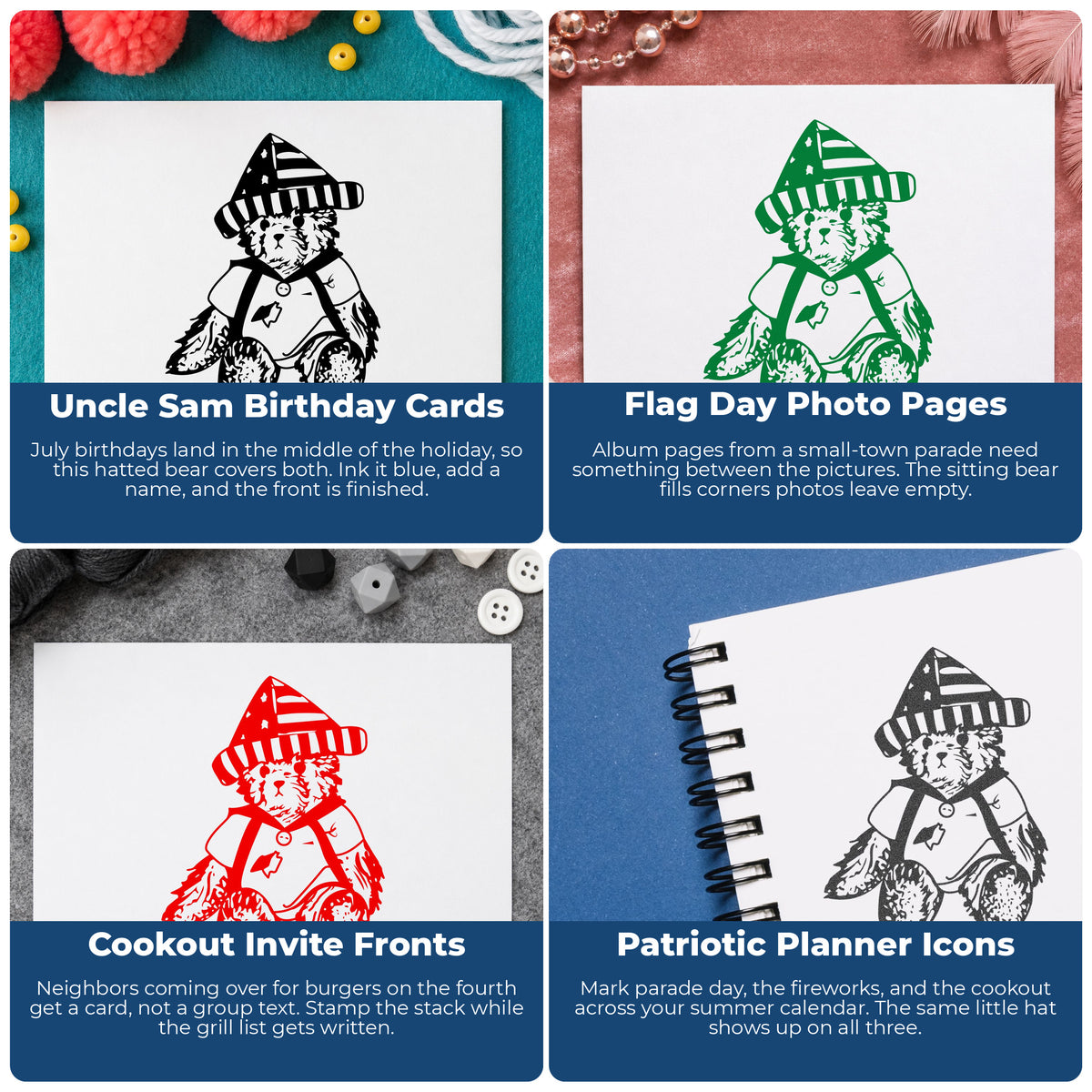Bear in Stars and Stripes Hat Rubber Stamp project ideas: Uncle Sam Birthday Cards, Flag Day Photo Pages, Cookout Invite Fronts and Patriotic Planner Icons.