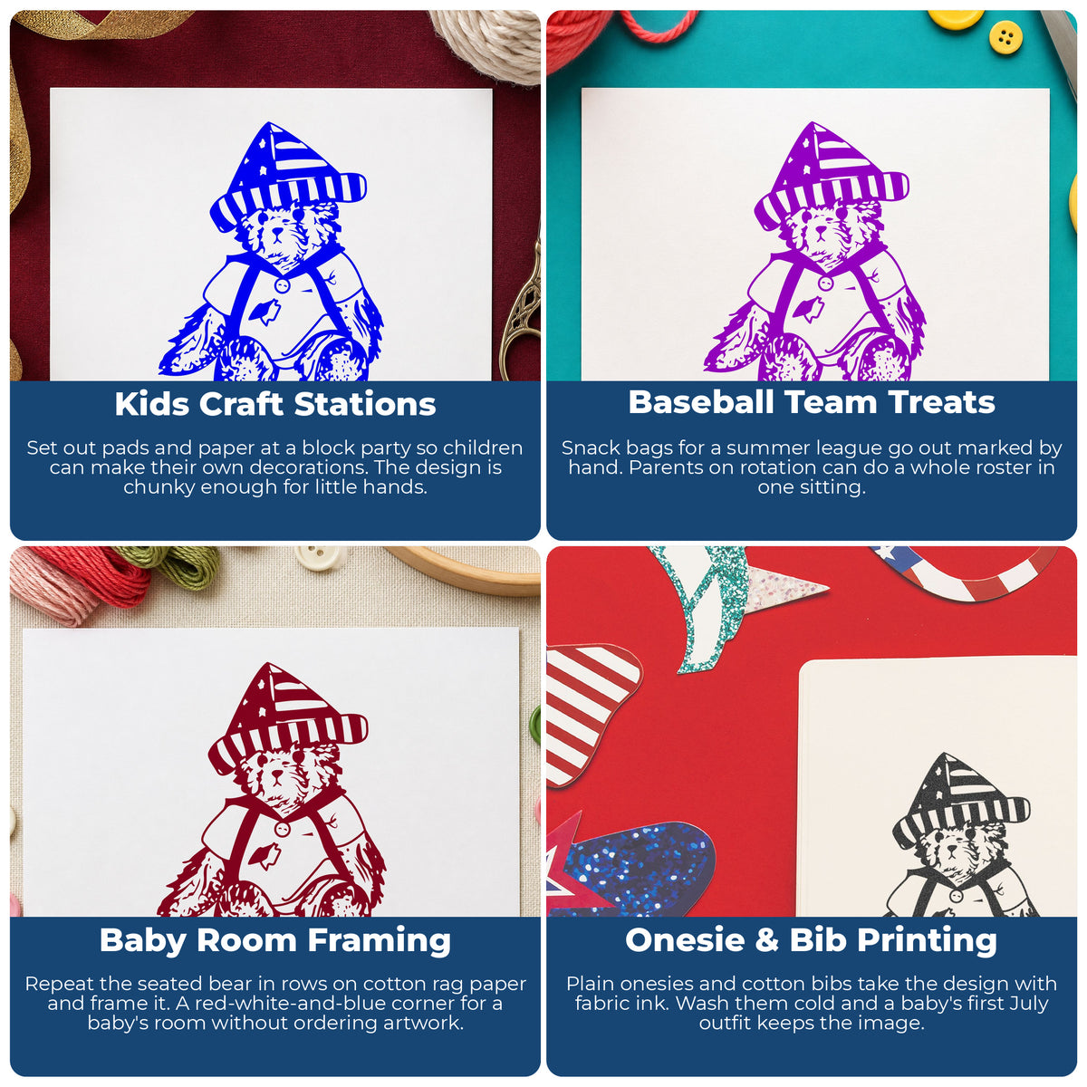 Bear in Stars and Stripes Hat Rubber Stamp project ideas: Kids Craft Stations, Baseball Team Treats, Baby Room Framing and Onesie & Bib Printing.