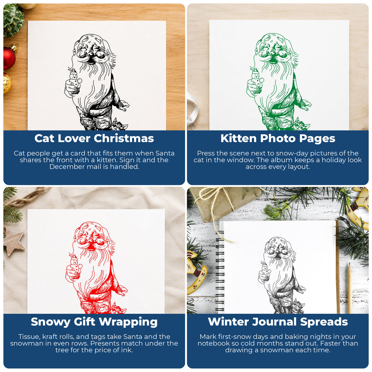 Santa with Kitten and Snowman Rubber Stamp project ideas: Cat Lover Christmas, Kitten Photo Pages, Snowy Gift Wrapping and Winter Journal Spreads.