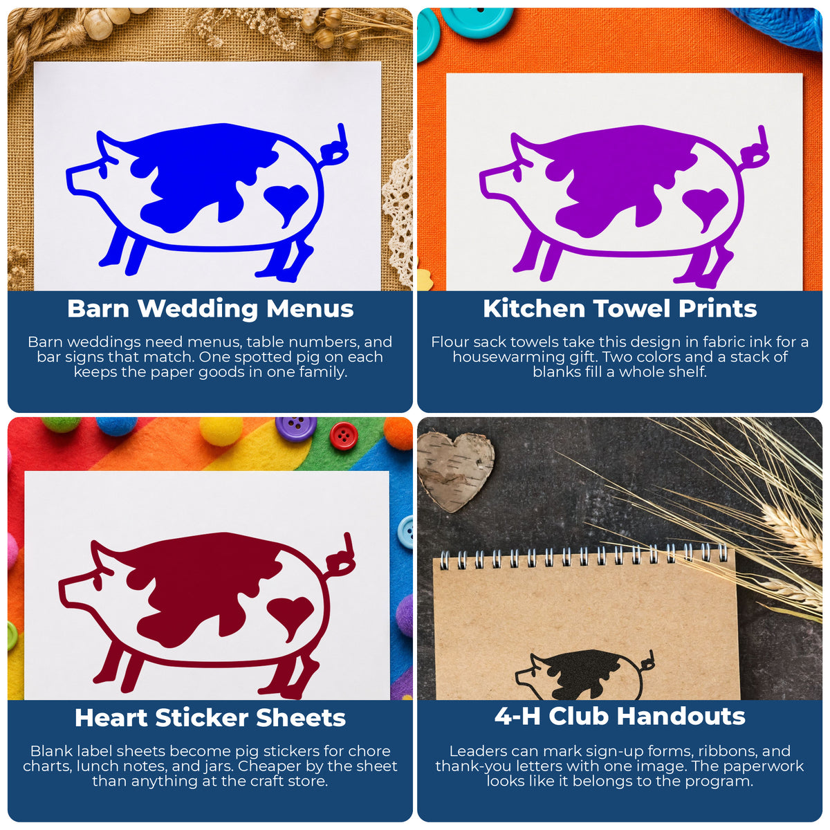 Spotted Pig with Heart Rubber Stamp project ideas: Barn Wedding Menus, Kitchen Towel Prints, Heart Sticker Sheets and 4-H Club Handouts.