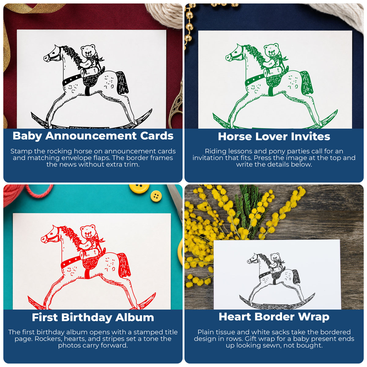 Rocking Horse with Heart Border Rubber Stamp project ideas: Baby Announcement Cards, Horse Lover Invites, First Birthday Album and Heart Border Wrap.