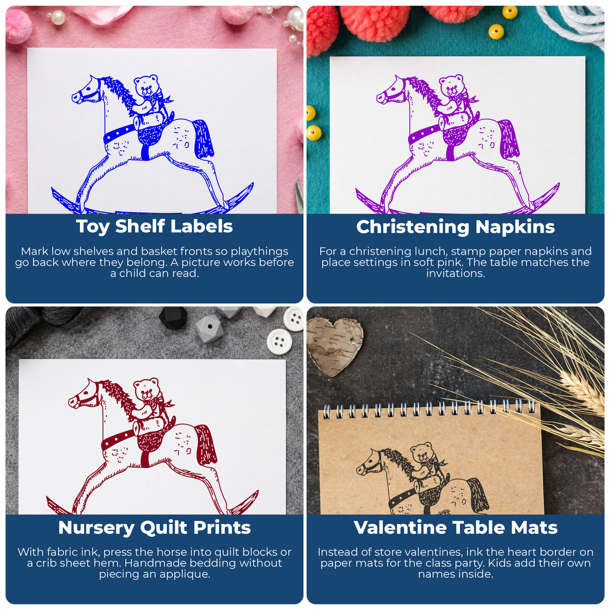 Rocking Horse with Heart Border Rubber Stamp project ideas: Toy Shelf Labels, Christening Napkins, Nursery Quilt Prints and Valentine Table Mats.