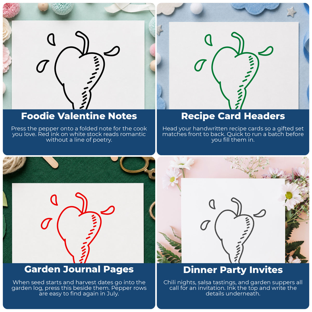 Heart-shaped Pepper Rubber Stamp project ideas: Foodie Valentine Notes, Recipe Card Headers, Garden Journal Pages and Dinner Party Invites.