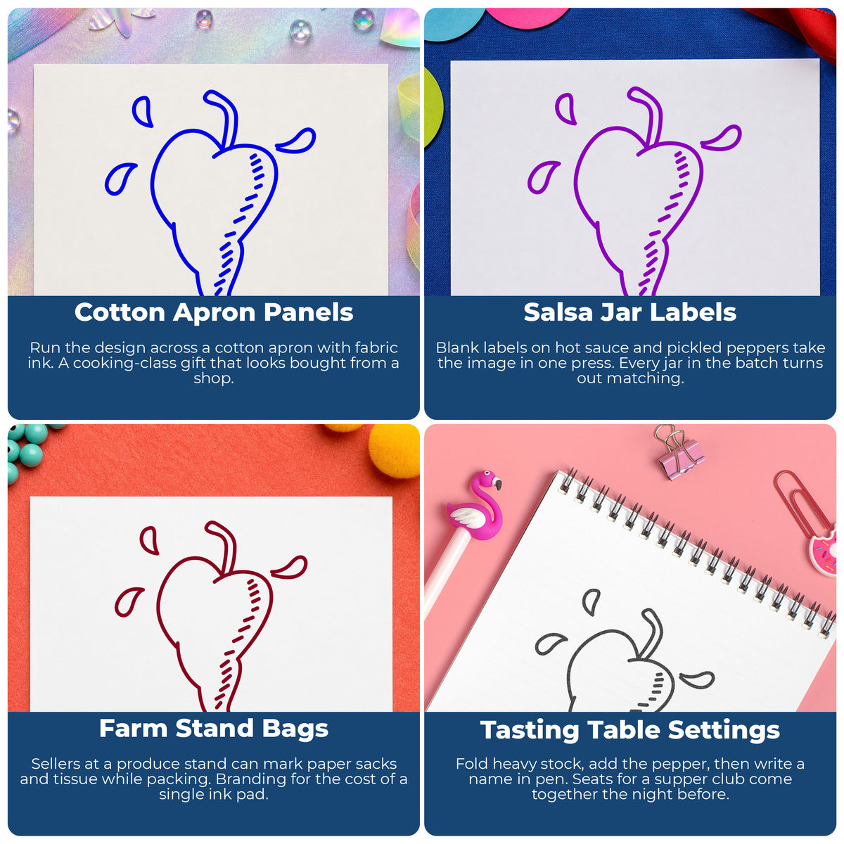 Heart-shaped Pepper Rubber Stamp project ideas: Cotton Apron Panels, Salsa Jar Labels, Farm Stand Bags and Tasting Table Settings.