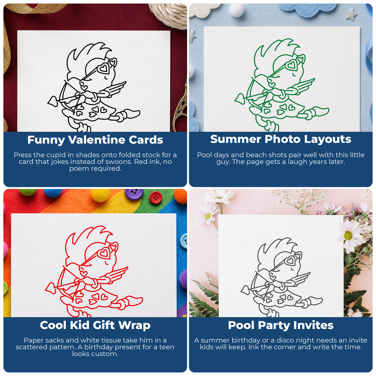 Cupid with Heart Sunglasses Rubber Stamp project ideas: Funny Valentine Cards, Summer Photo Layouts, Cool Kid Gift Wrap and Pool Party Invites.