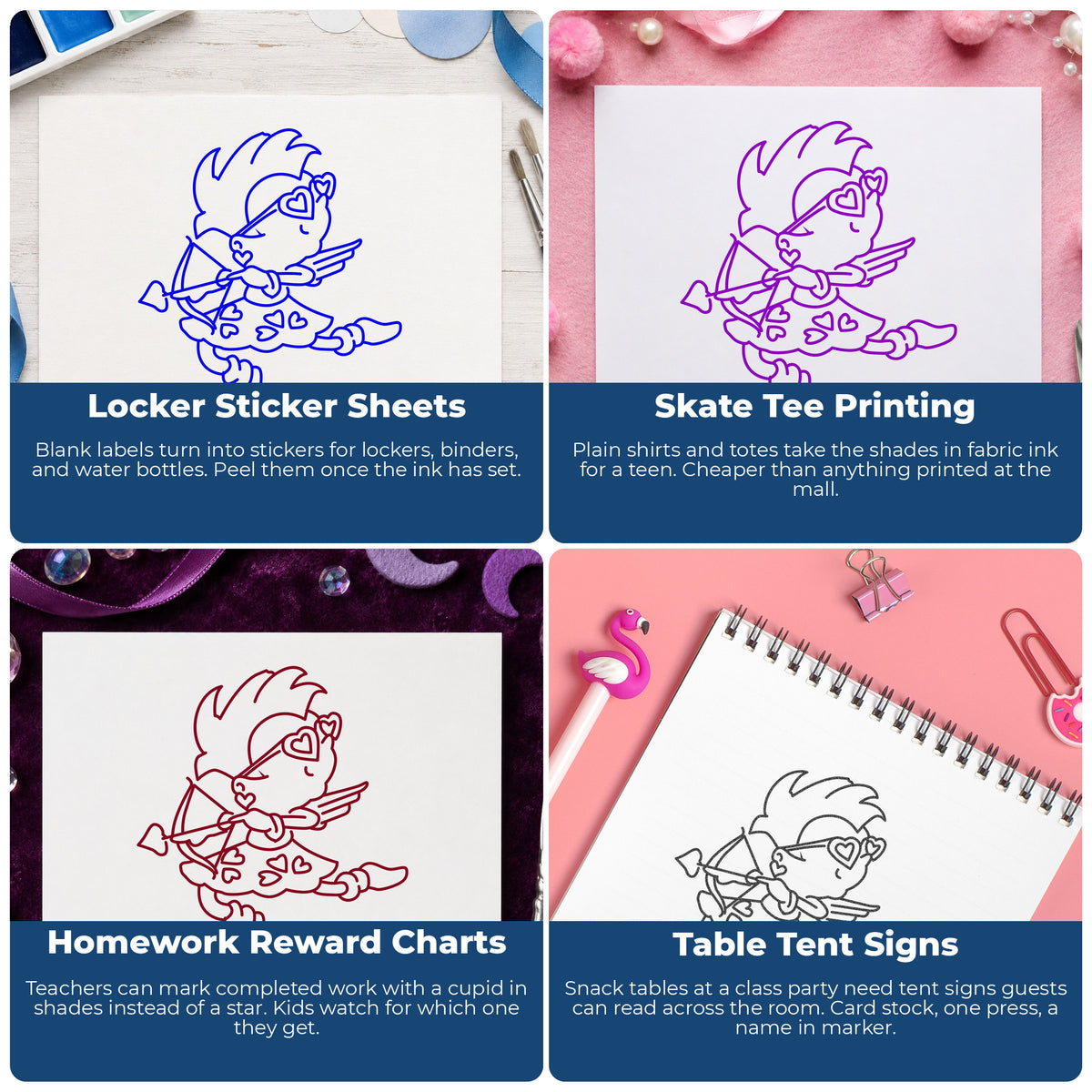 Cupid with Heart Sunglasses Rubber Stamp project ideas: Locker Sticker Sheets, Skate Tee Printing, Homework Reward Charts and Table Tent Signs.