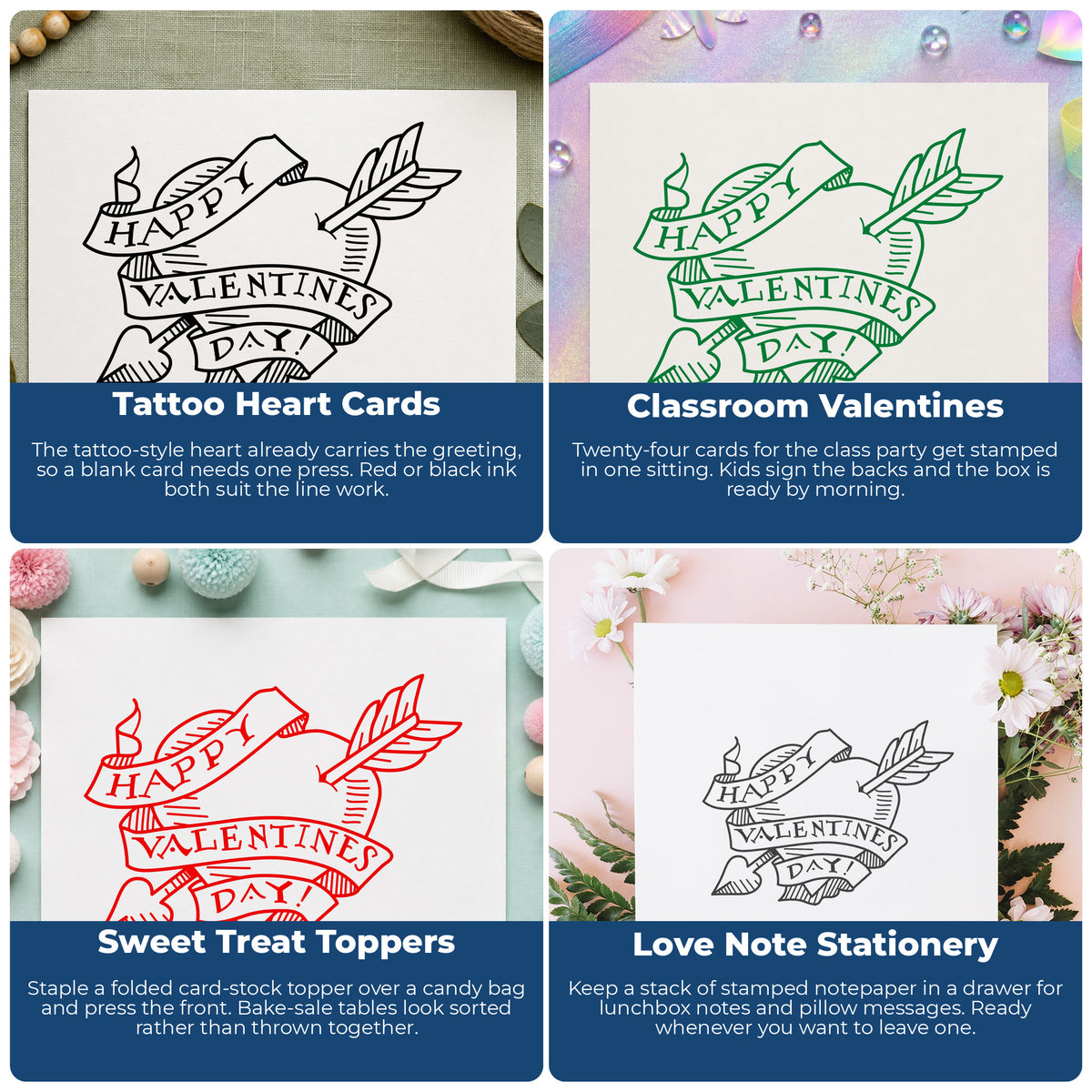 Valentine Heart with Arrow Rubber Stamp project ideas: Tattoo Heart Cards, Classroom Valentines, Sweet Treat Toppers and Love Note Stationery.