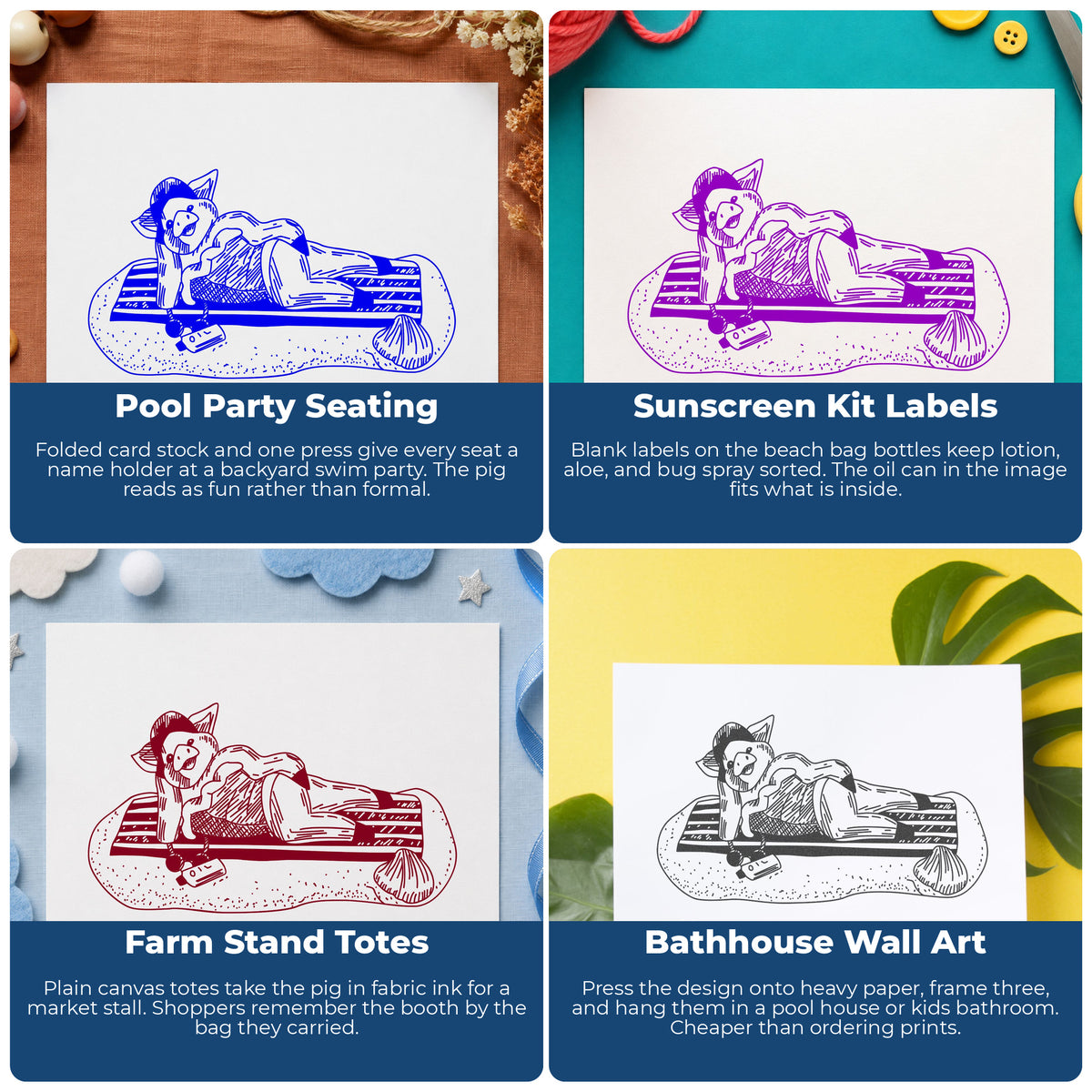 Pig on Beach Blanket Rubber Stamp project ideas: Pool Party Seating, Sunscreen Kit Labels, Farm Stand Totes and Bathhouse Wall Art.