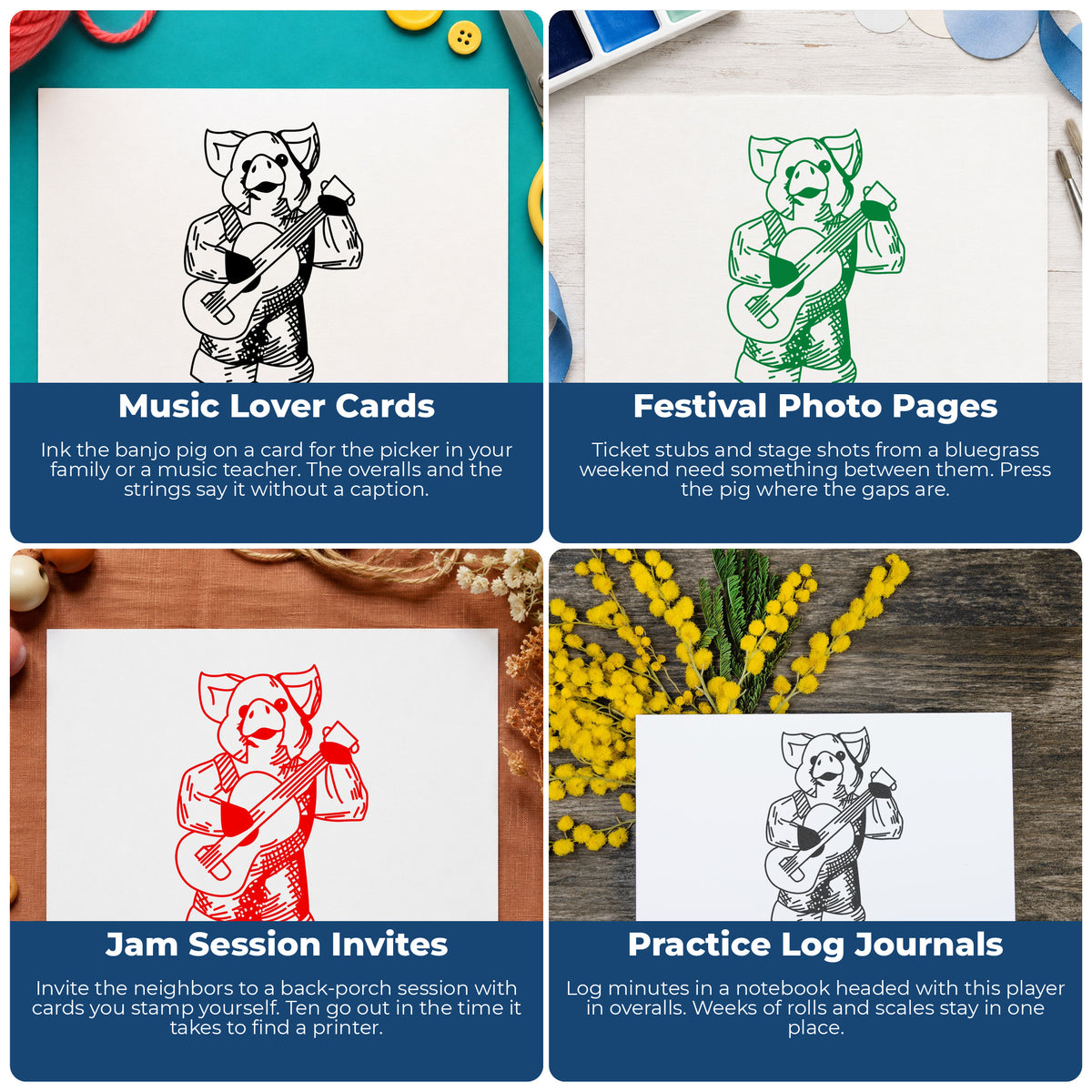 Banjo Playing Pig Rubber Stamp project ideas: Music Lover Cards, Festival Photo Pages, Jam Session Invites and Practice Log Journals.