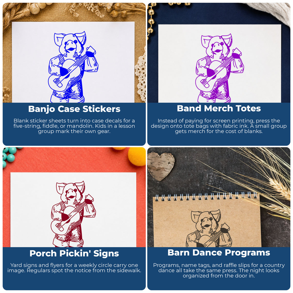 Banjo Playing Pig Rubber Stamp project ideas: Banjo Case Stickers, Band Merch Totes, Porch Pickin' Signs and Barn Dance Programs.
