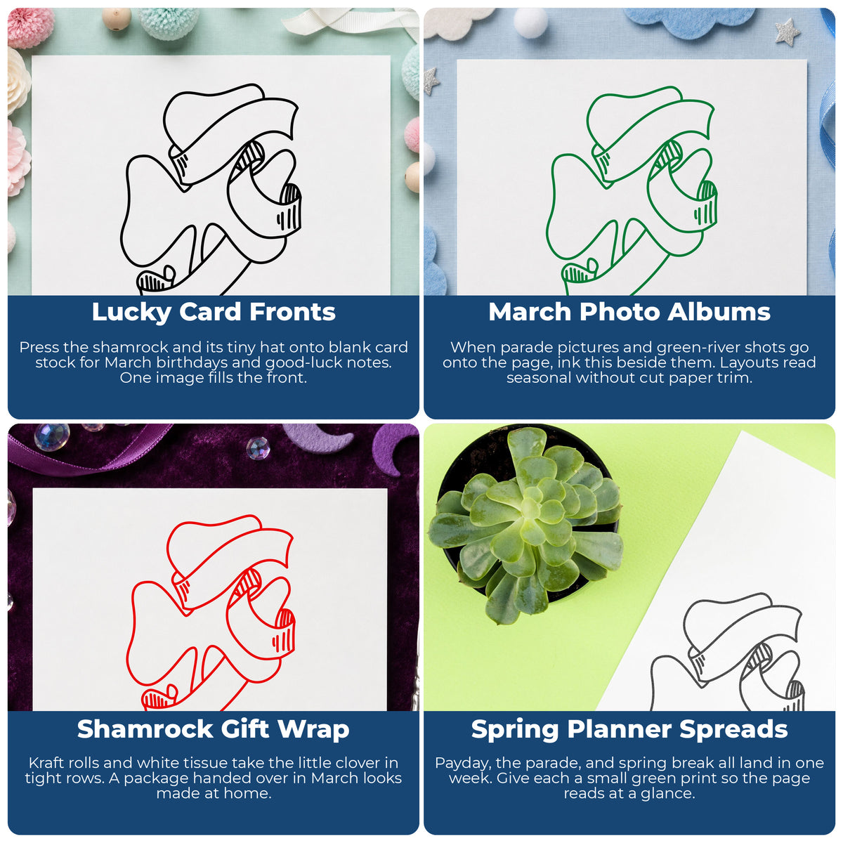 Shamrock with Leprechaun Hat Rubber Stamp project ideas: Lucky Card Fronts, March Photo Albums, Shamrock Gift Wrap and Spring Planner Spreads.