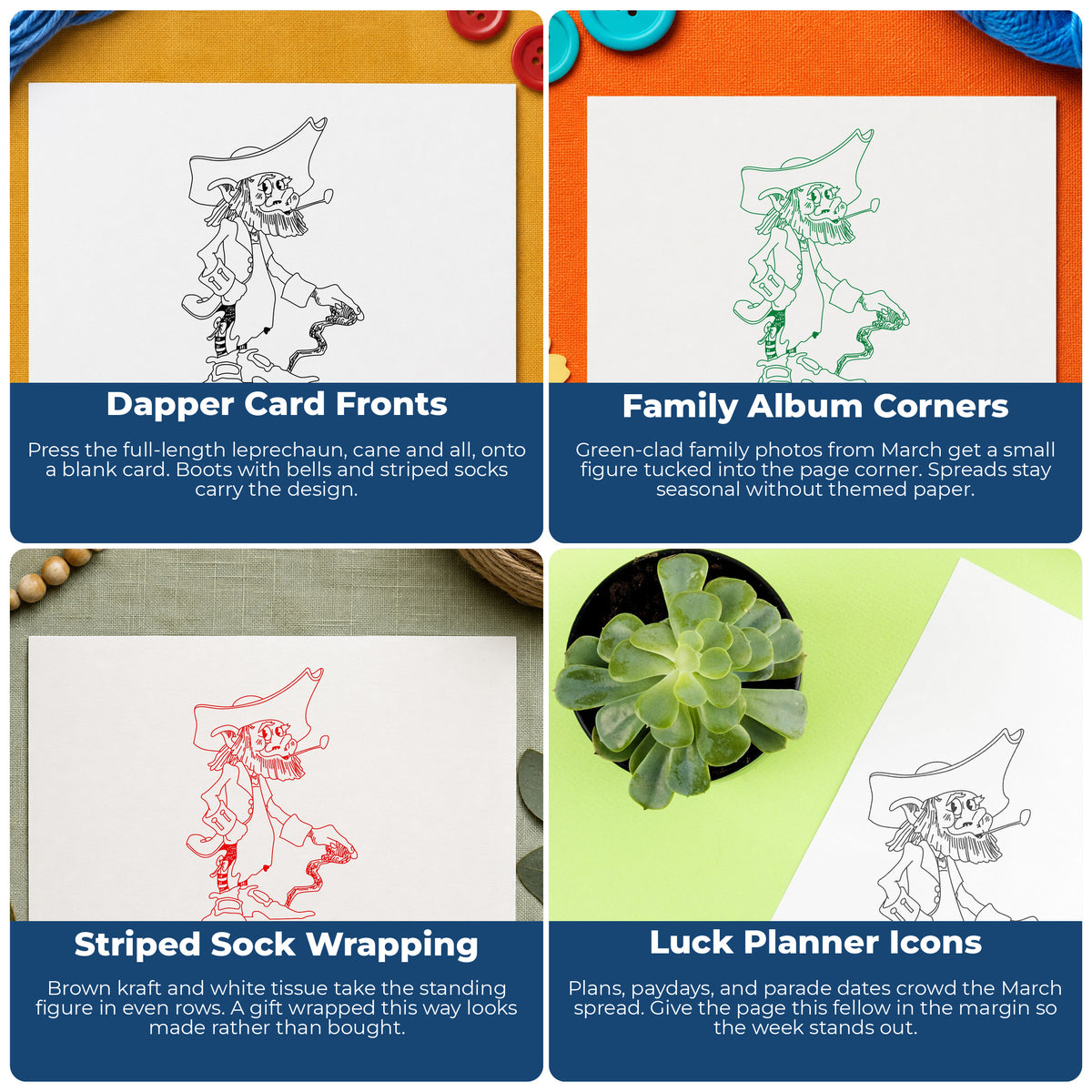 Standing Leprechaun with Cane Rubber Stamp project ideas: Dapper Card Fronts, Family Album Corners, Striped Sock Wrapping and Luck Planner Icons.